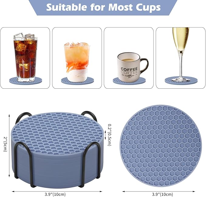 TWTLi Silicone Coasters Set of 8 with Holder,Coasters for Drinks,Beer,Coffee Coasters,Suitable for Kinds Cups,Hot or Cold,Anti-SLI,Non-Stick,Anti-Overflow Tabletop Protection and Decor (8 Pcs, Blue)