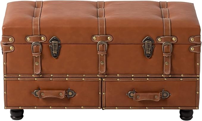 COZAYH Vintage Mid-Century Faux Leather Storage Ottoman Accent Bench - Upholstered Padded Chest for Entryway, Bedroom, Living Room, Tan