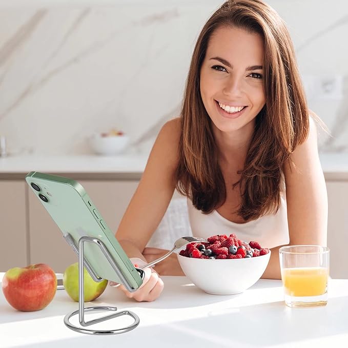 ROPOSY Cell Phone Stand for Desk, Cute Metal Silver Cell Phone Stand Holder Desk Accessories, Compatible with All Mobile Phones, iPhone, iPad