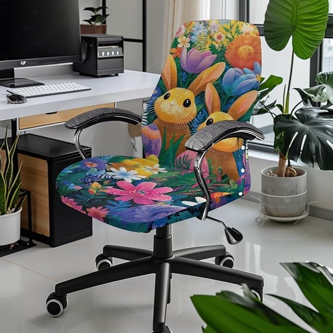 Talayituse Bunny Rabbit Tulip Daisy Print Office Chair Covers, Stretch Computer Chair Cover, Universal Boss Chairs Covers Modern Simplism Style High Back Chairs Slipcover Easter Decor, Small