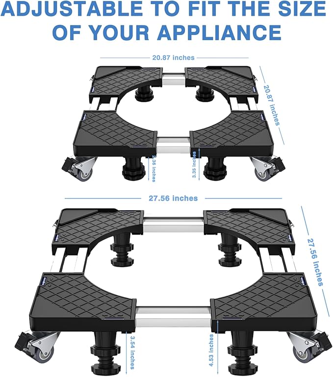 Mini Fridge Stand With 4 Locking Swivel Wheels & 4 Strong Feet Double Fixed Rods Heavy-Duty Washing Machine Stand Adjustable Appliance Dolly Mover Mobile Base Laundry Pedestal For Washer, Dryer, Black