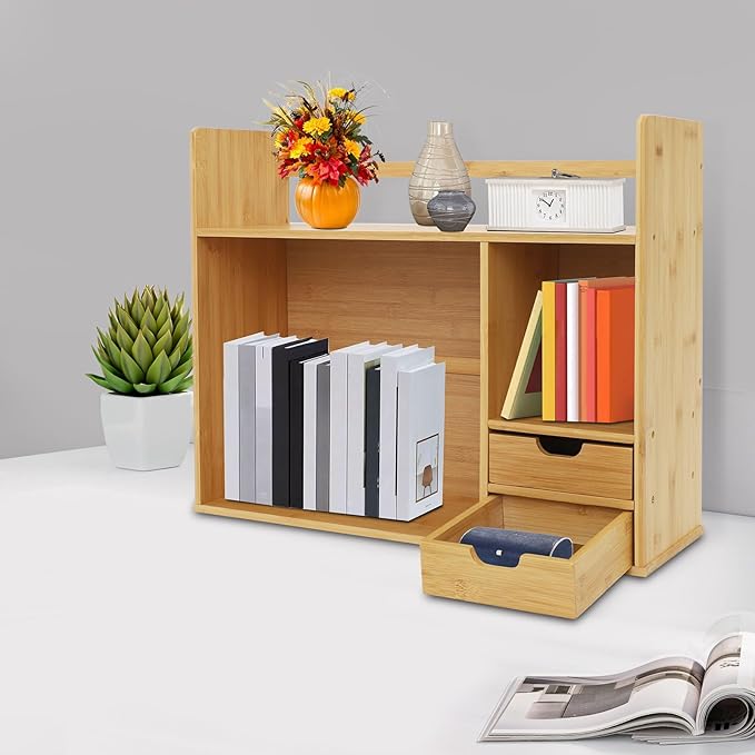 Bamboo Desk Organizer and Shelf Unit, 2-Tier Desktop Bookshelf with 2 Drawers, Sturdy Natural Tabletop Storage for Office Home Students, Space Saver, 22.83 * 18.11in, Holds 110lbs