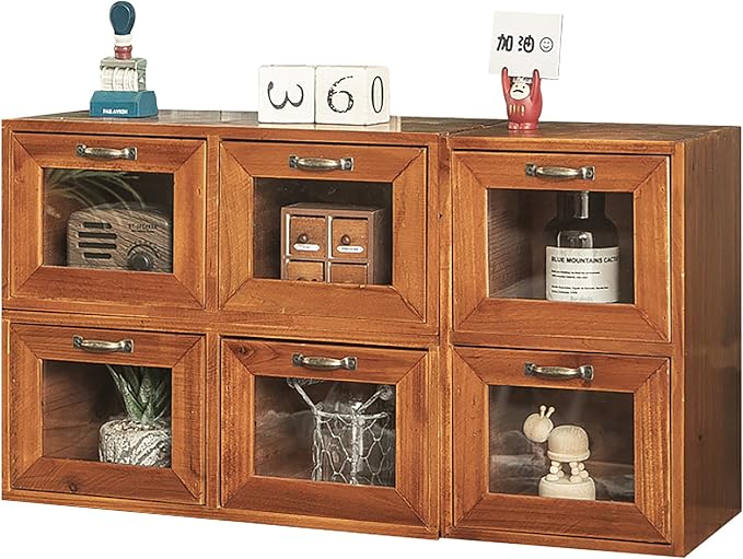 Modular Stackable Set of 3 Desktop Drawers Display Organizer - 6-Drawer Wood Organizer for Desk - Vintage Countertop with Clear Doors - Organizer Box for Card Catalog, Collectibles Storage