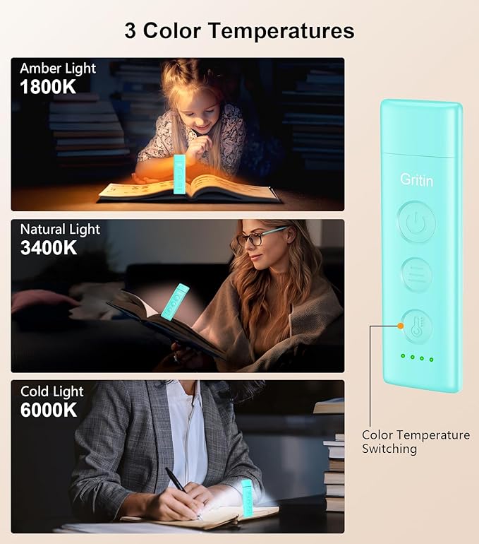 Gritin Book Light Rechargeable, Eye Caring 3-Color & 5-Brightness Clip on LED Reading Light for Books in Bed- Stepless Dimming, Long Lasting, Compact Size Flexible Book Lamp for Bookworms-Blue