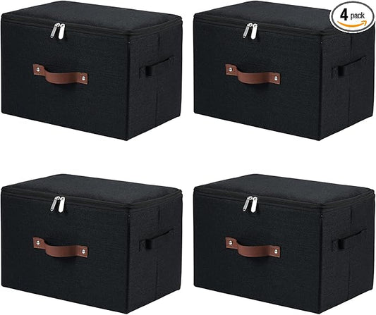 4 Pack Storage Bins with Zipper Lid Cotton Linen Fabric Lidded Storage Baskets Boxes Foldable Washable Closet Shelf Clothes Organizer Container with PU Leather Handles (Black, Large)