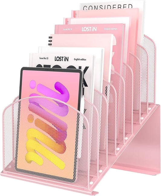 Inclined Desk File Organizer Metal Desk Magazine Folder Holder with 8-Section Vertical Compartments Rack File Organizer for Office, Home, School, Pink