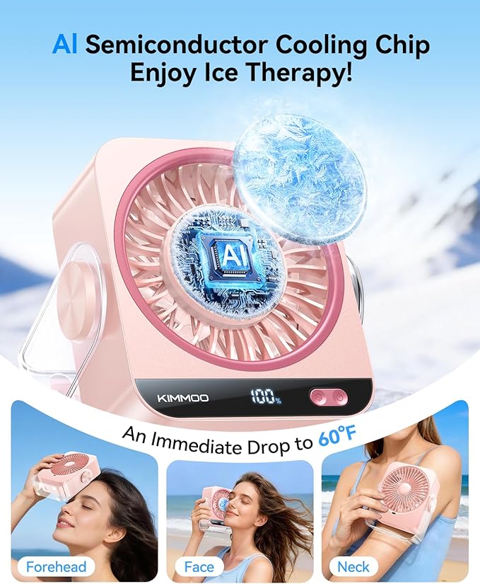 KIMMOO USB Desk Fan for Bedroom, 199 Speeds Turbo Airflow, Portable Fan with Ice Cooling, Digital Display Quiet Table Fan, 270° Rotating Small Rechargeable Battery Desktop Fans for Home Office (Pink)