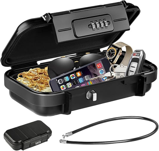 HUANLANG Portable Safe Lock Box with Combination Lock Mini Beach Travel Safe Waterproof Small Lockable Boxs with Removable Wire Rope Combination Lock Box for Dorm,Travel,Beach,Hotel,Car,Home,Office