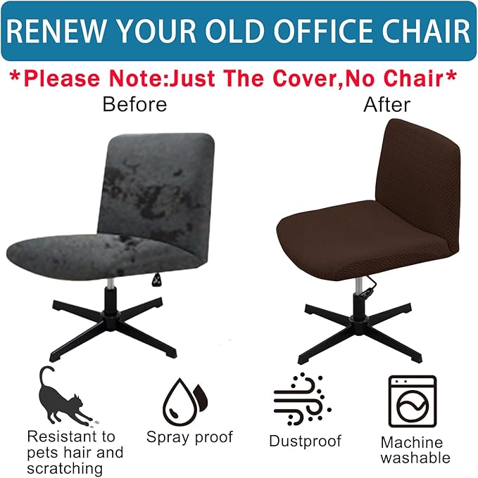 Vanity Chair Cover Criss Cross Chair Cover Elastic Armless Chair Slipcover Armless Chair Covers Office Chair Covers (Coffee-Color,Just The Cover,No Chair)