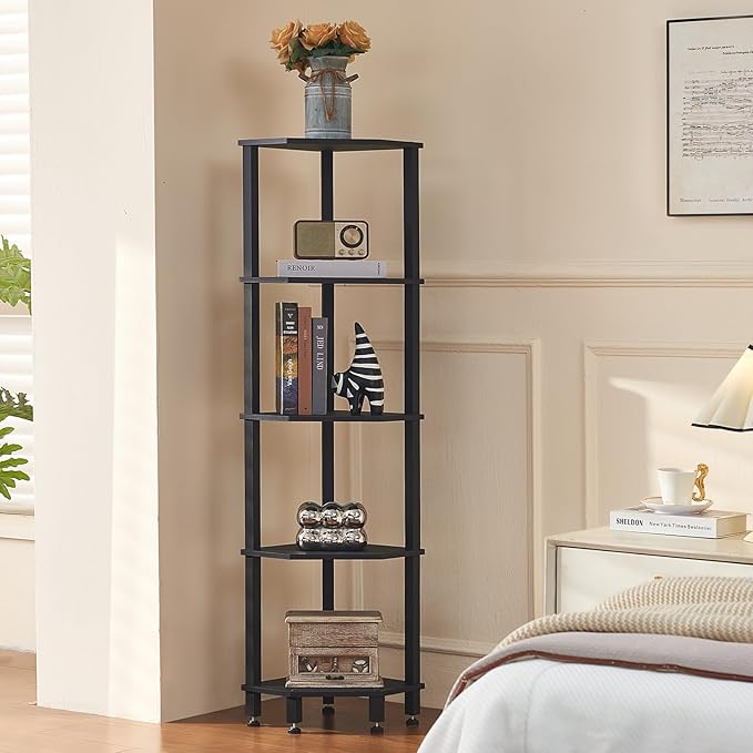 YUFAM 5-Tier Corner Shelf with Sturdy 5-Leg Base, 52in Tall Narrow Bookcase for Small Spaces, Wooden Plant Display Shelf, Thin Bookshelf for Living Room, Bedroom, Office, Black