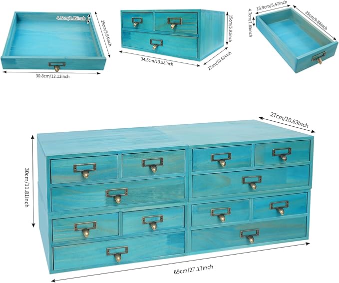 4 Packs Vintage Desktop Apothecary Cabinet with 3 Drawers,Wood Desktop Organizers Stackable Drawers Desktop Chest Drawer for Herb Storage,Tea Collection,Stationery (Blue)