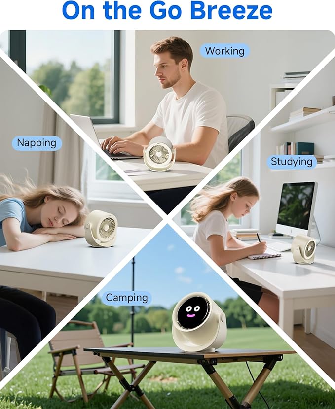 YOSHENMO Portable Desk Fan for Bedroom, Turbo Table Fans with smile icon LED Display, 6-inch, 5-Speed Strong Airflow, Low Noise, 360° Adjustable Tilt, Suitable for Home, Office, Outdoor, Off-White