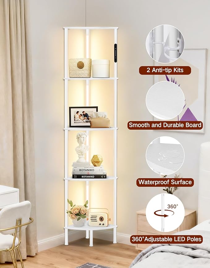 5-Tier Corner Bookshelf with LED Lights, Touch & Remote Control, 3 Color Temperatures, Dimmable Narrow Display Shelf with 1-Hour Timer for Living Room, Bedroom, Office(White)