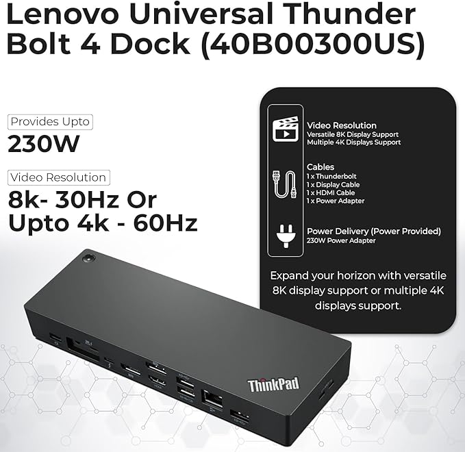 40B00300US Lenovo Docking Station USB C Bundle - 1 Year Warranty, Supports 4K Display, Thunderbolt 4 Dock with 300W Adapter, Anyhdd HDMI, DisplayPort, Thunderbolt Cables & Cloth