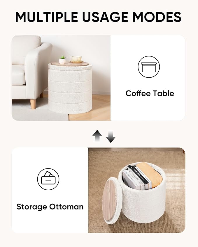18" Tall Round Boucle Storage Ottoman, Sherpa Teddy Fabric Ottoman Footstool with Wooden Tray Reversible Lid, Folding Footrest with Storage for Living Room, Bedroom, Dorm, White