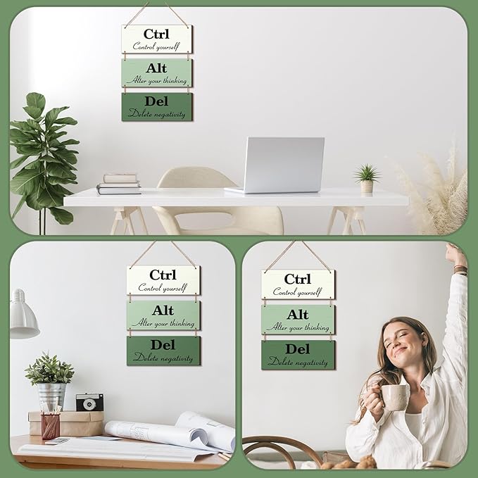 Qunclay 3 Pcs Office Wall Decor Green Wood Rustic Hanging Cubicle Decor Summer Inspirational Ctrl Alt Del Sign Decoration for Bathroom Indoor Home Living Room