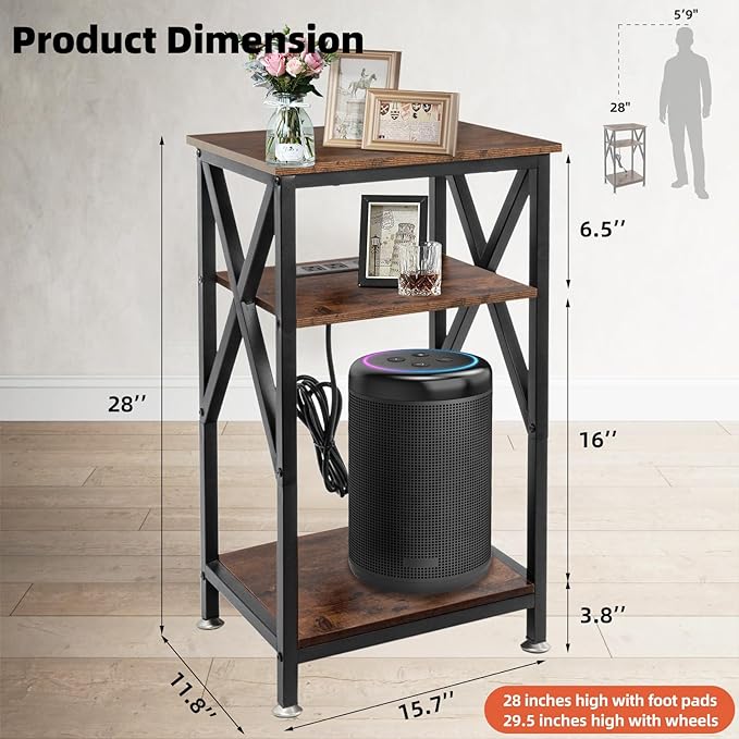 TooCust 3 Tier End Table with Charging Station, 16" W x 12" D x 28" H, Metal and Brown Bedside Table with USB Ports and Outlets, X-Shaped Side Tables with Wheels for Living Room, Bedroom, Kitchen
