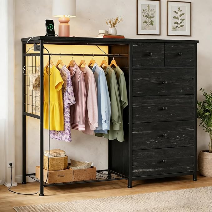 Simple Deluxe Storage Clothes Rack with 6 Drawers, Charging Station & LED Lights, Fabric Chest Shelves Clothing Rack, Wooden Portable Wardrobe Closet, 49.2" W x 15.7" D x 47.2" H, Black
