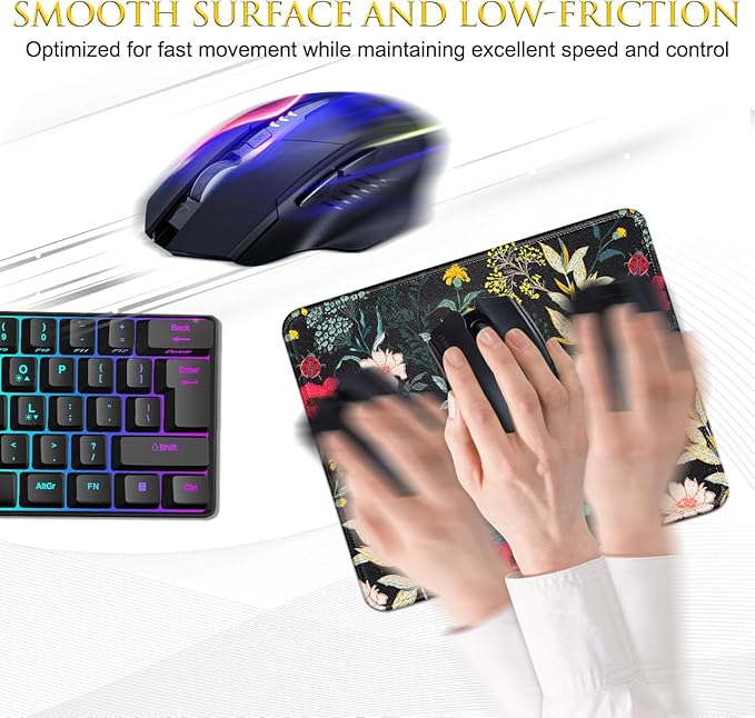 JIKIOU Mouse Pad with Non-Slip Rubber Base, Premium-Textured & Washable Computer Mousepad with Stitched Edges, Mouse Pads for Computers, Laptop, Gaming, Office & Home,10.2x8.3in Black Flowers