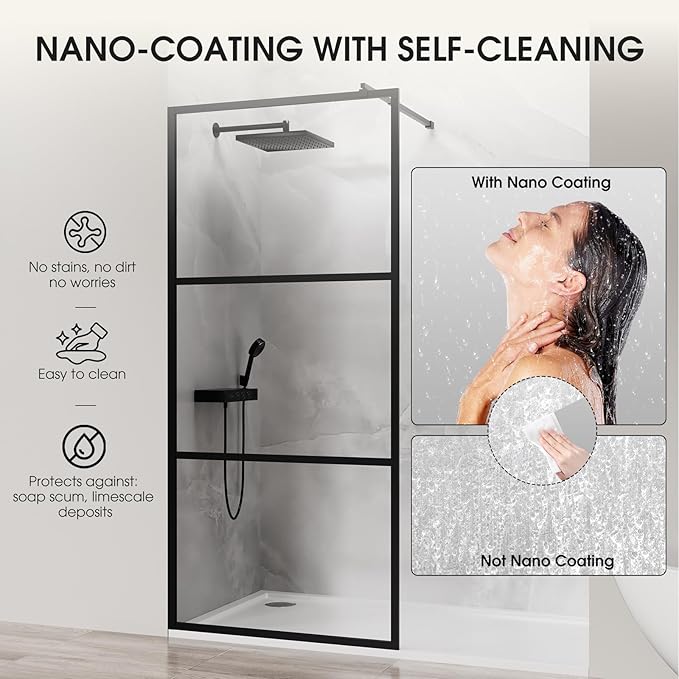Walk in Shower Door, 36" W x 75" H Fixed Shower Glass Panel, 1/5"(5mm) Tempered Glass Shower Screen for Bathroom, 3 Glass Panels & Adjustable Support Bars - Matte Black