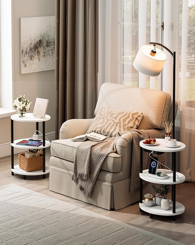 Round Side Table with Lamp and USB Ports, 3-Tier Small End Table for Living Room & Bedroom, Rustic Wood Metal Nightstand for Small Spaces, Easy to Assemble, Marble White