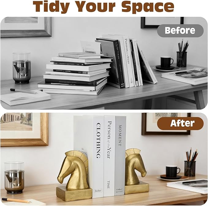 Gold Horse Head Decorative Bookends - Heavy Duty Non-Slip Book stoppers, Horse Statue Book Ends for Shelves, Modern Equestrian Ornaments for Home Farmhouse Shelves Office Lover Gift