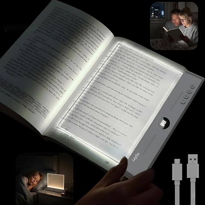 LED Flat Book Light for Reading in Bed, Eye-Caring Books Lights, 3 Color Temperatures & Stepless Dimmable, Portable Flat Panel Lamp Page, USB Rechargeable Night Light for Kids & Adults (White)