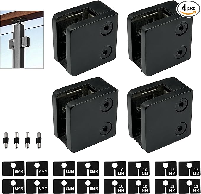 Glass Clamp - 4PCS,for 1/4 "-1/2 "（6mm-12mm） Tempered Glass, Stainless Steel 304 Flat Back Square Casting- Black for Indoor/Outdoor Balustrade, Stair Handrail (LIUCHONGYANG99)