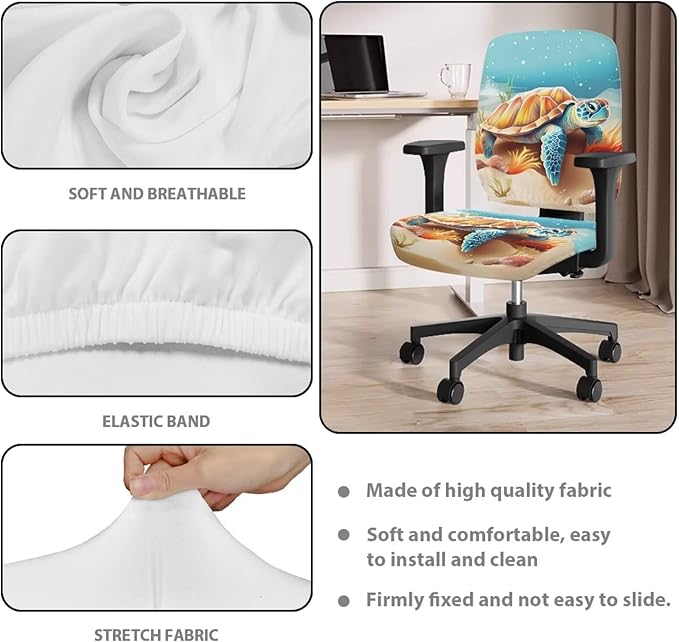 Sea Turtle Office Chair Cover Dust Proof Computer Chair Seat Cover 2 Piece Dorm Computer Rotating Chair Slipcover Office Gift for Women Men Chair Padded Cover Anti-Slip Desk Accessories