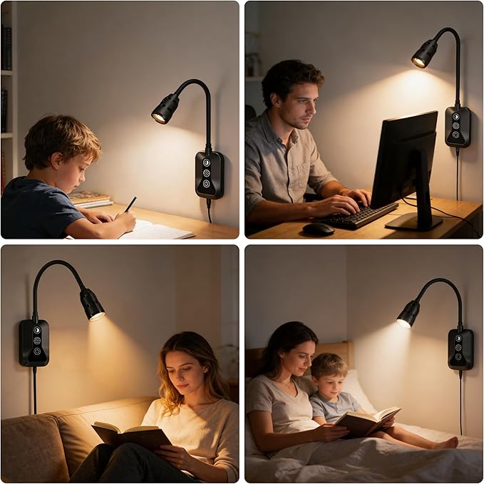 LED Wall Mounted Reading Light with Wave Sensor/Touch Switch, 5 Color & 5 Level Dimmable Touch Bed Lights for Reading with USB C Output, Eye-Care Bedside Reading Light for Bed,Heaboard (Black)