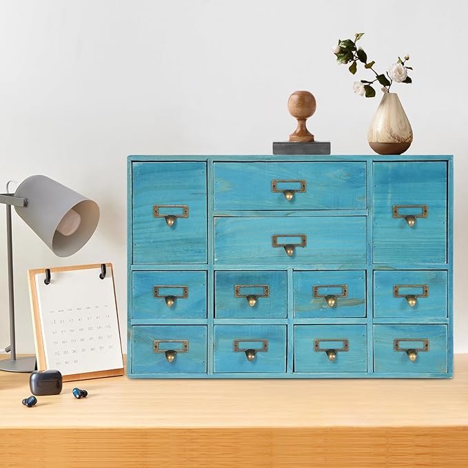 Vintage Desktop Apothecary Cabinet with 12 Drawers,Wood Desktop Organizers Stackable Drawers Desktop Chest Drawer for Herb Storage,Tea Collection,Stationery (12 Drawers,Blue)