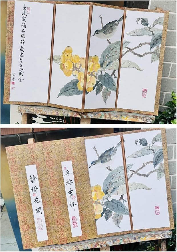 Hand-Painted Chinese Folding Screen - Traditional Oriental Partition with Bird & Loquat Pattern Mini Room Divider, Desktop Privacy Panel, (35x56cm) Symbolizing Happiness (Bird + Loquat)