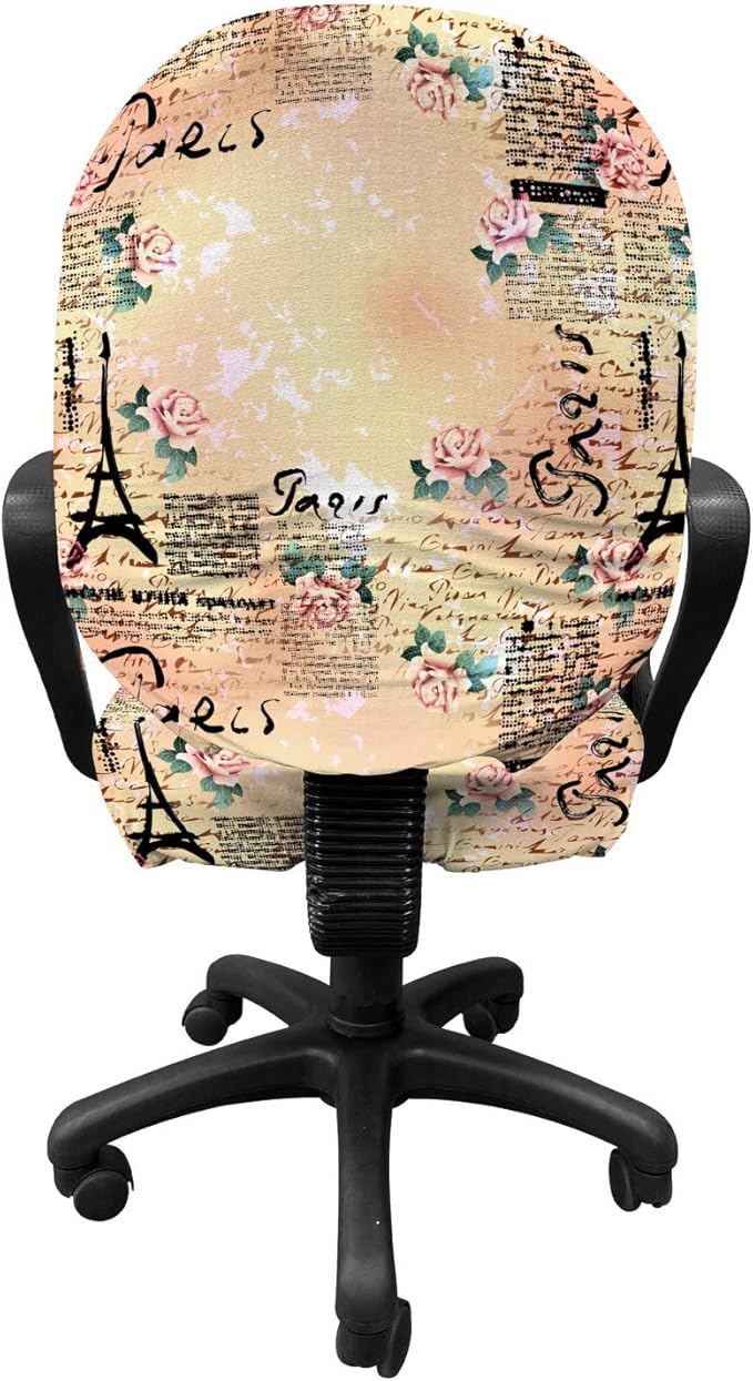 Ambesonne Modern Office Chair Slipcover, French Paris Themed Lettering with Floral Leaves Details Artwork, Protective Stretch Decorative Fabric Cover, Standard Size, Pink Black