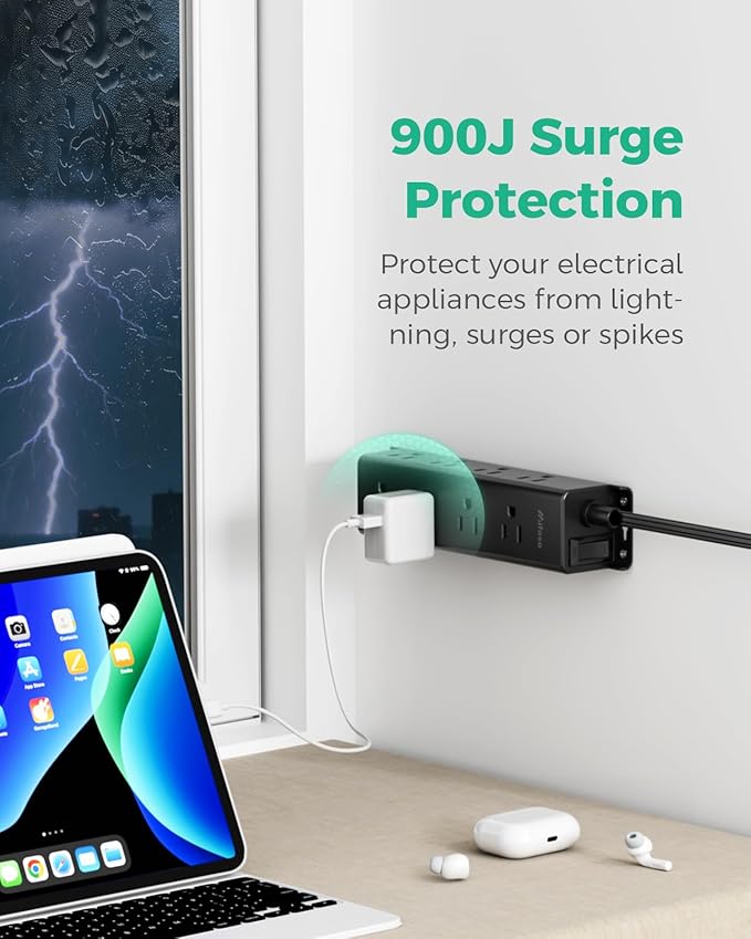 Surge Protector Power Strip - Widely Spaced Multi Outlets, Wall Mount, 3 Side Outlet Extender with Extension Cord, Flat Plug, Overload Protection, Home Office Dorm Room Essentials (5FT, Black)