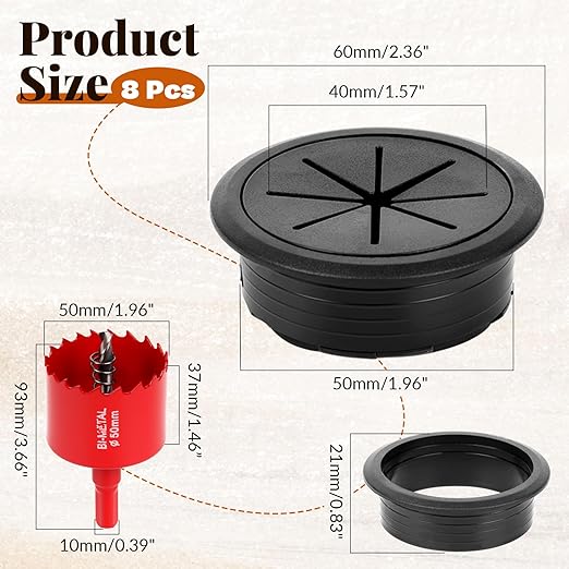 8 Pcs Black Desk Grommet, 2 Inch Desk Hole Cover for Cables, Grommet Cover with Hole Saw for Table Cables Wire Home Office