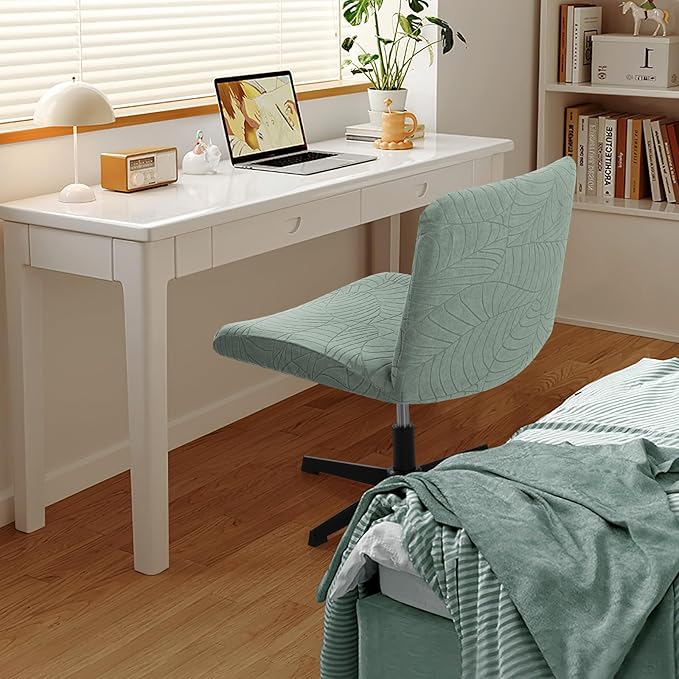 Fuloon Criss Cross Chair Cover, Waterproof, Stretchable, Solid Jacquard, Suited for Armless/Office/Desk/Mid Back Wide Seat/Computer/Task/Vanity/Accent Chair (Leaves -Shaped Jacquard, Green)