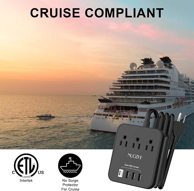 Cruise Essentials,6 Ft Power Strip with 3 Outlets and 4 USB Ports(1 USB C), Non Surge Protector for Cruise Ship, Travel, Home Office, ETL Listed, Black
