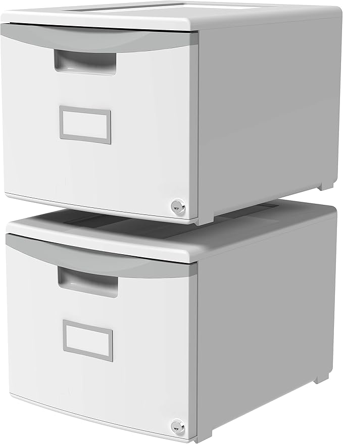 Storex Plastic One-Drawer File Cabinet – Locking Document Organizer for Home and Office, Gray, 2-Pack (61261A02C)