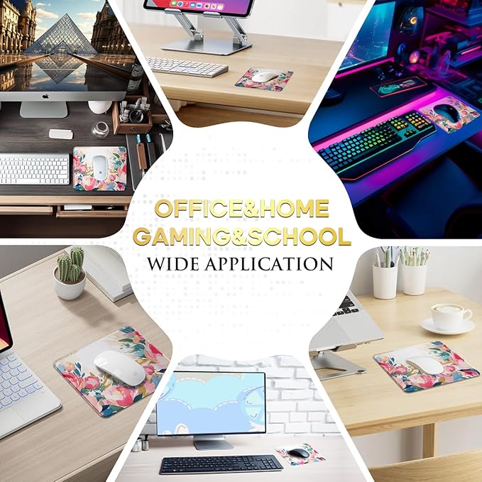 JIKIOU Mouse Pad with Stitched Edge, Comfortable Mouse Pads with Non-Slip Rubber Base, Washable Mousepads Bulk with Smooth Cloth, Mouse Pads for Computers Laptop Mouse 10.2x8.3x0.12inch Multi Peony
