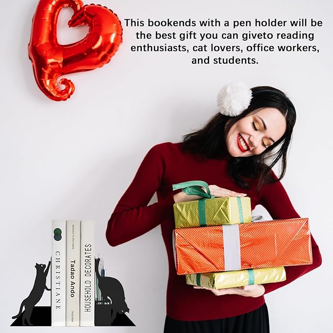 Cat Book Ends for Shelves, Metal Decorative Book Ends with Pen Holder, Fun Unique Bookends, Cool Black Cat Bookends for Home Office Desk Bookshelf Decor, Gift for Cat Lovers and Reading Enthusiasts