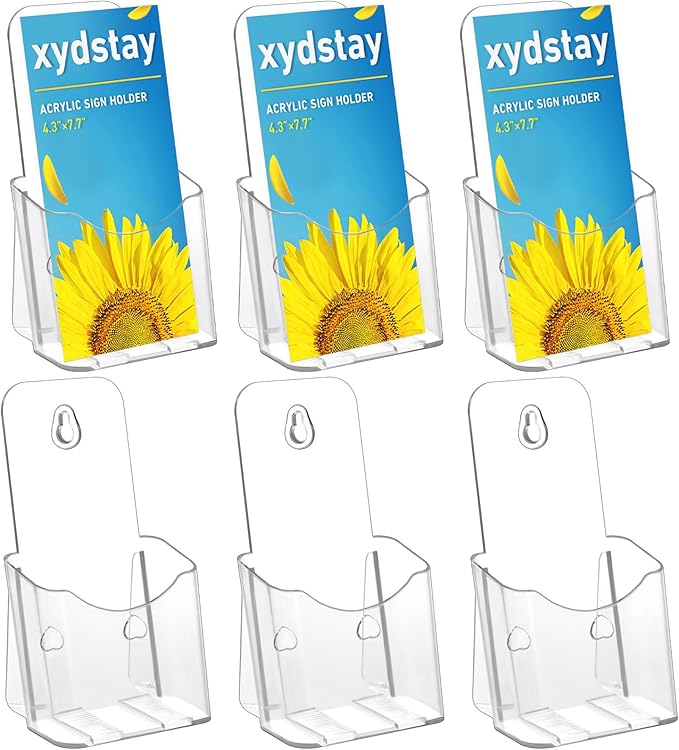 xydstay Acrylic Brochure Holder 4x9 Inches Slant Back Design, Clear Display Stand, Plastic Table Stand Sign, Pamphlet Flyer Display, 6 Pack