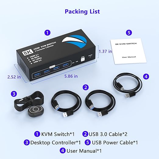 8K@60Hz KVM Switch 2 Monitors 2 Computers HDMI, 4K@120Hz KVM Switches Dual Monitor with 4 USB 3.0 Ports Sharing Keyboard Mouse Printer, Monitors Switch for 2 Computers, HDMI Switcher 2 in 2 Out