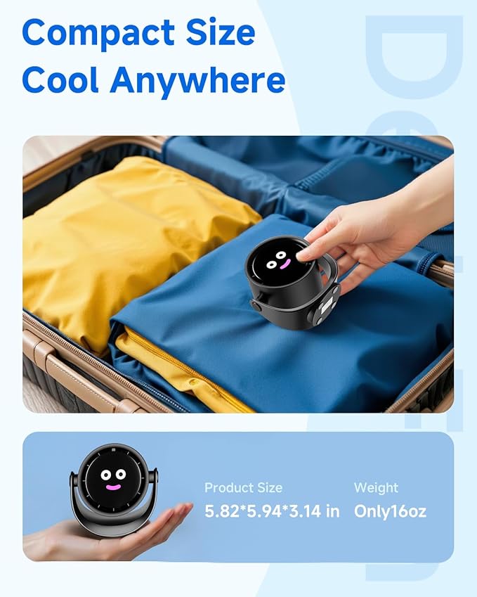YOSHENMO Portable Desk Fan for Bedroom, Turbo Table Fans with smile icon LED Display, 6-inch, 5-Speed Strong Airflow, Low Noise, 360° Adjustable Tilt, Suitable for Home, Office, Outdoor, Ink Black