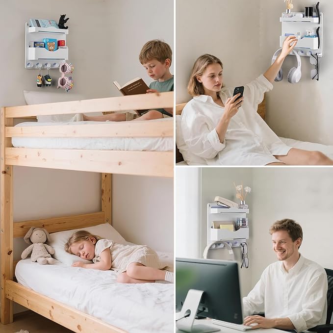 Bedside Wall Shelf with Glasses Hooks ，Adhesive Bedside Organizer Wall Mount for Dorm and Room Accessories Phone，Remote，Earphone， Kindle (White)