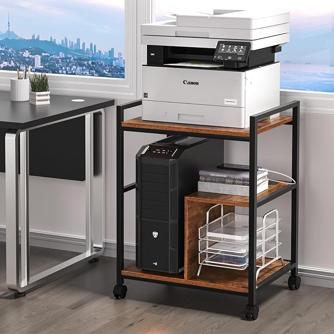 Lerliuo Printer Stand with Charging Station and USB Ports, Large 3-Tier Mobile Printer Table with Storage Shelf, Brown Rolling Industrial Printer Cart with Lockable Wheels for Home Office