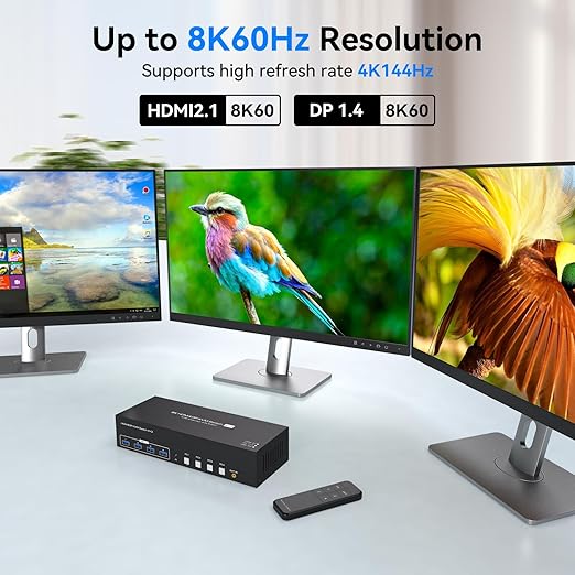KVM Switch 3 Monitors 4 Computers 4K144Hz 2 Displayport HDMI Triple Monitor KVM for 4 PC Sharing 3 Screens and 4 USB 3.0 Port with Controller