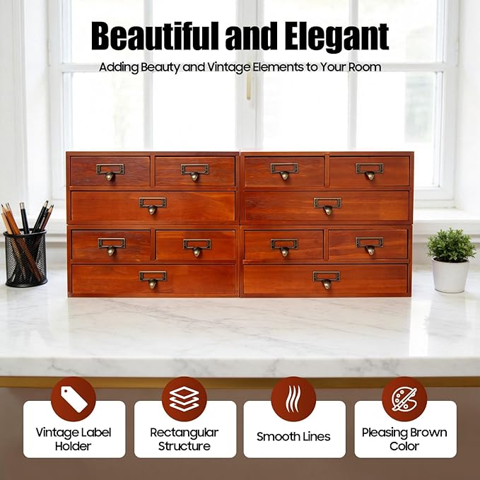 4 Packs Vintage Desktop Apothecary Cabinet with 3 Drawers, Vintage Desktop Organizer Wood Desktops Organizers Stackable Drawers Chest Drawer for Herb Storage Tea Collection Stationery (Brown)