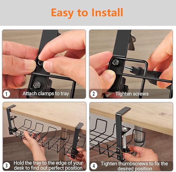 Under Desk Cable Management Tray - L 14.9'' W 5.9'' Organizer for Cord Wire Desk Table Rack No Drill Installation for Home Office Workstation PC Computer Desktop Laptop