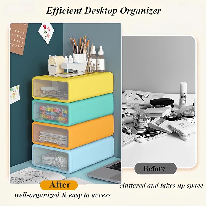 Plastic Desktop Drawer Organizer, Small 4-Tier Stackable Storage Drawers, Mini Desk Organizer for Office Stationery Makeup Vanity Supplies