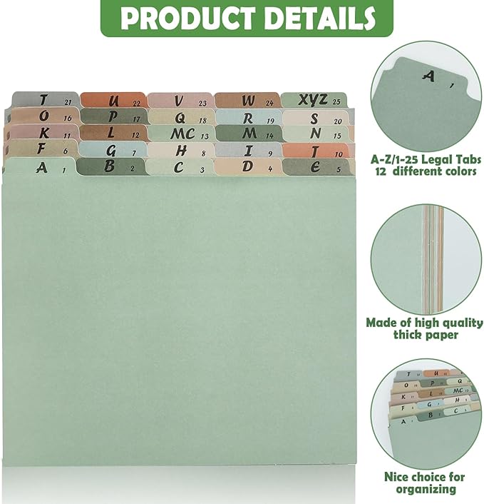 1 Set A-Z Alphabetic and Number Top Label Files, Legal Size, 25 Sheets File Dividers 1/5 Cut Label File Cabinet Dividers Desk Organizer for Office, Home and School (Morandi)